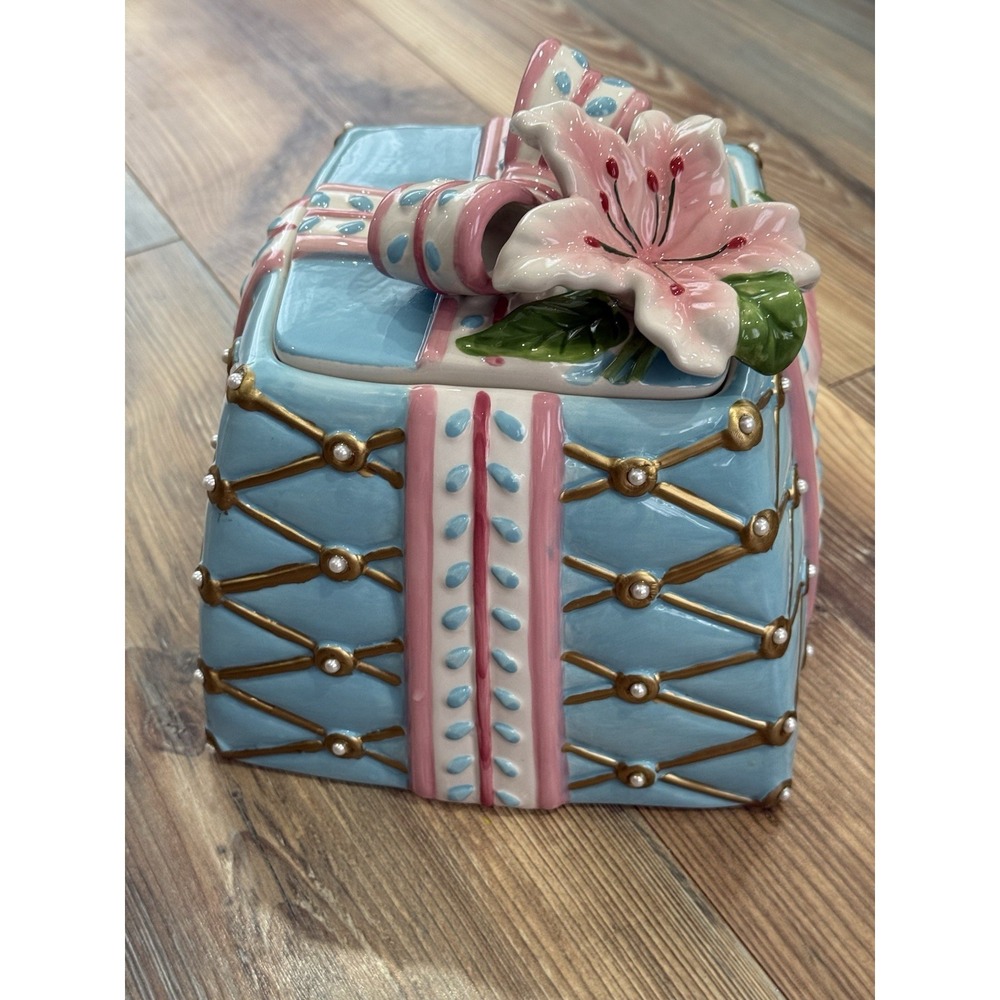 David's Cookies Gift Box Ceramic Cookie Jar Canister Pastel Colors 7"